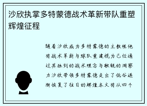 沙欣执掌多特蒙德战术革新带队重塑辉煌征程 沙欣执掌多特蒙德战术革新带队重塑辉煌征程